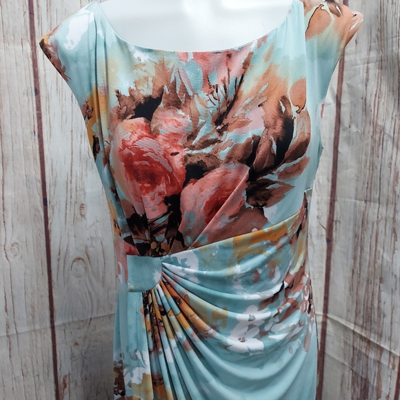 Connected Apparel Floral Print Ruched Wrap Look Midi Dress - Picture 5 of 14